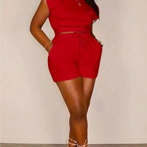 New Vibrant Red Sleeveless Top and Shorts Set